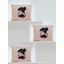 Çiçekli Kadın Baskılı 3'lü Makyaj Çantası 20x25 Cm - Kadın Doğum Günü Hediyesi Kadın Hediye Ürün