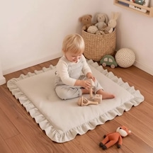 Keten Oyun Halısı, Kare Oyun Matı, Fırfırlı Oyun Minderi - Krem