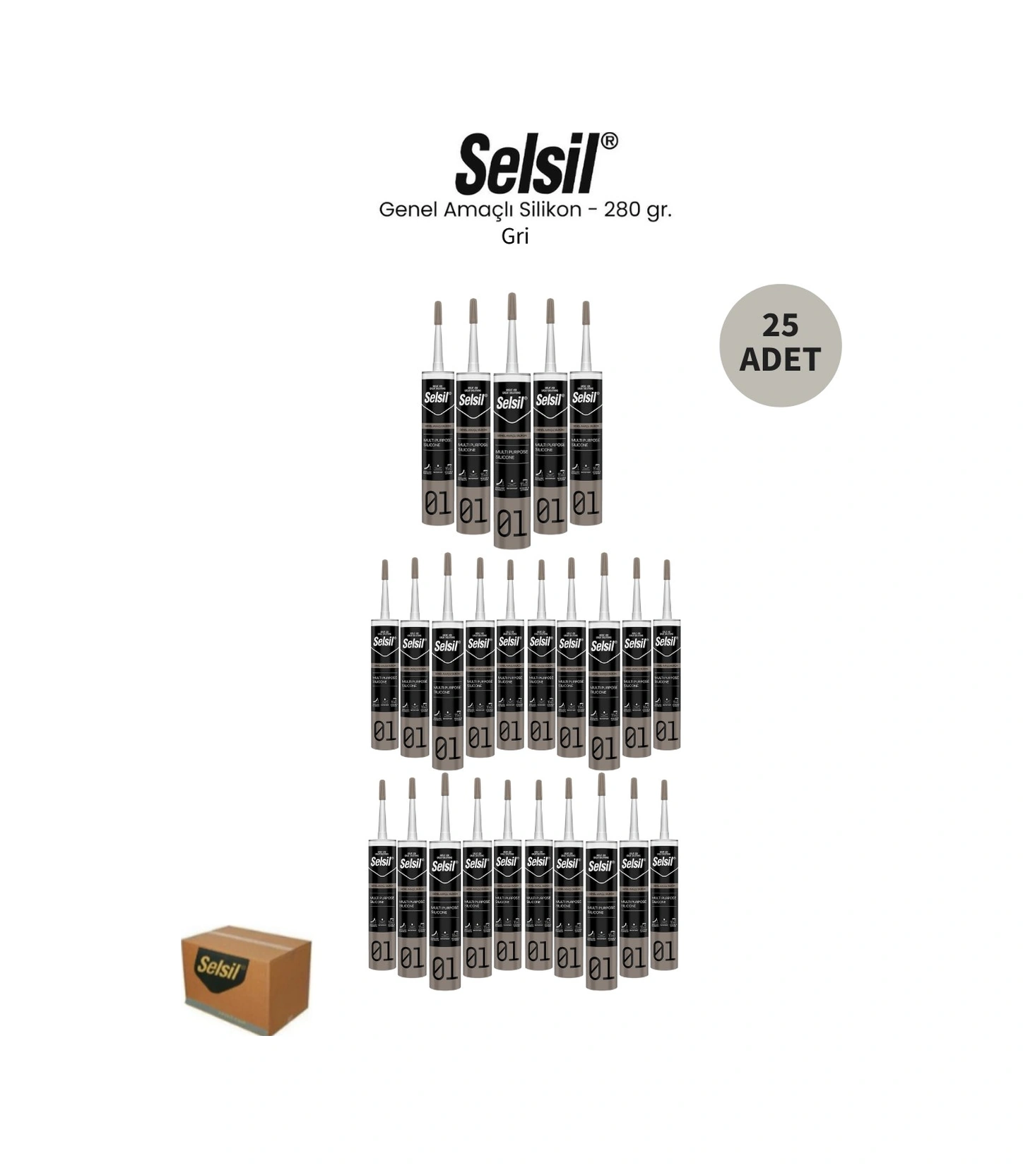Selsil Genel Amaçlı Gri Silikon 280 Gr. 25 Adet Gri