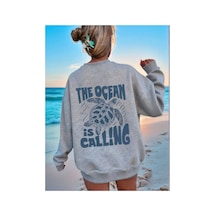 Herkesemoda The Ocean Arka Baskılı Gri 2 İplik Şardonlu Bisiklet Yaka Sweatshirt Gri