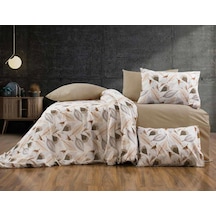 Lüks%80 Pamuklu Çift Kişilik Nevresim Takımı Seti Yorgan Kılıfı Krem Yaprak Desen 200x220 Cm + Lastikli Battal Boy Çarşaf 180x200x30 Cm +2 Yastık Kılıflı 50x70 Cm Diğer