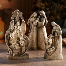 Avalon Galeri Noel Figürleri - Oyma Ahşap Görünümlü Joseph Mary Ve Jesus Masa Üstü Doğum Heykelcik, 25,8 Cm, Kutsal Aile