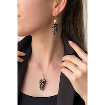 Üzüm Salkımlı Doğal İnci Küpe Kolye İkili Set 55 Cm / Rose Gümüş