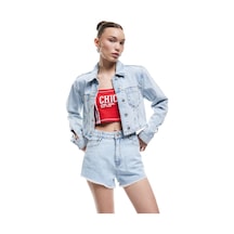 Koton Yüksek Bel Rahat Kalıp Düğmeli Cepli Pis Paça Denim Şort Açık İndigo 5sal40072md Açık İndigo