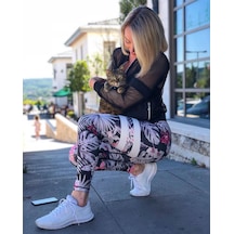 Lismina Bacağı Ve Beli Beyaz Şeritli Çiçek Desenli Spor Tayt Lila