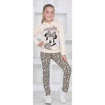 Lolliboomkids Kız Çocuk Kapüşonlu Mickey Karakter Baskılı Leopar Taytlı Sweatshirt Alt Üst Takım Leopar