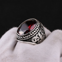 Fkgümüş 925 Ayar Gümüş Ruby Taşlı Yaprak Desenli Erkek Yüzük