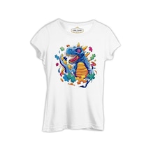 Dinosaur With Puzzle Pieces Around Beyaz Kadın Tshirt 001