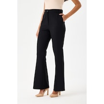 Velnara Moda Siyah İspanyol Paça Cepli Yüksek Bel Dokuma Kumaş Kadın Pantolon Siyah - 918305891 Siyah