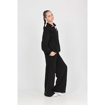 Toontoy Kids Toontoy Kız Çocuk 2'li Takım Dik Yaka Yarım Fermuarlı Nakışlı Sweatshirt & Beli Lastikli Bol Paça Cepli Eşofman Altı Siyah