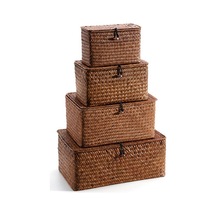 Kapaklı Dokuma Hasır Saklama Kutuları - 4'lü Set - Dikdörtgen Sepet Diğer