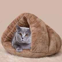 Geekyou Büyük Boy Gri Kışlık Yarım Kapalı Isınabilir Kedi Köpek Yatağı - Evcil Hayvanlar İçin Sıcak Ve Konforlu Yuva