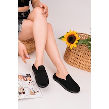 Muggo Vintage Süet Deri Günlük Rahat Önü Kapalı Kadın Loafer Terlik Siyah