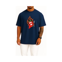 Bahriyeli Collection Oversize Kırmızı Acı Biber Logosu Göğüs Tasarımlı Unisex T-shirt Lacivert