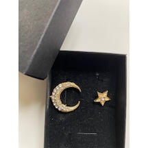 Taşlı Ay Yıldız Broş Gold Renk Şık Tasarım Özel Kutulu Hediye Renkli