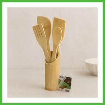 Vaveni Ahşap Bambu Mutfak Servis Seti 5 Parça Kaşık, Çatal, 2 Spatula, Stand 27.5/30 Cm Arz