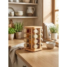 Leelahome 12'li Set Ahşap Desenli Döner Standlı Kare Baharatlık 140 Ml - Açık Kahve Açık Kahverengi