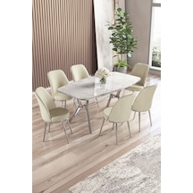 Canisa Lena Serisi 90x160 Lak Panel Beyaz Mermer Desen Krom Kaplama Ayaklı Masa Takımı Ve 6 Krem Sandalye Beyaz Mermer Desen Masa Sandalyeler Krem