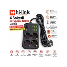 Hi-link 4 Soketli 2xtype-c +4xusb Girişli 3 Metre Kablolu Akım Korumalı Priz 1 - 3 M