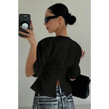 Kadın Siyah Kısa Kollu Sırt Dekolteli Slim Fit Bluz/t-shirt Siyah