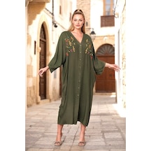 Veraura Lifestyle Haki V Yaka Önü Nota Nakışlı Cepli Oversize Uzun Gömlek Elbise