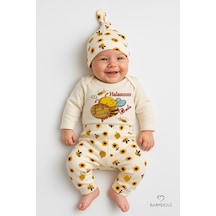 Babyden's Halasının Balı 3 Lü Yenidoğan Takım %100 Pamuk Uzun Kol Body,çiçek Arı Desenli Pantolon,bere Ekru