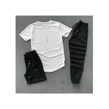 Tarzsokak 3'lü Siyah Beyaz Eşofman Takımı T-shirt Şort Eşofman Altı Kombin Düzjozatakım