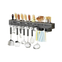 Fortunelane Çelik Duvarlı Bıçak Çubuk Saklama Rafı, 50cm, Perfore Edilmeden Monte Edilebilir, Siyah Mutfak Organizatörü Siyah