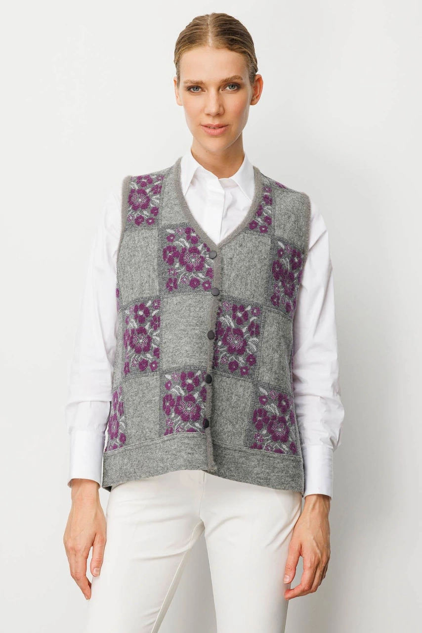 Desen Triko Kadın Pıtırcık Çiçekli Patchwork Keçe Yün Yelek Y.füme A.mor Y.füme A.mor