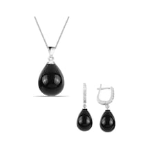 Gümüş Damla Model Kolye Küpe Oniks Taşlı Set