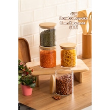 Porsima 1-4 Bambu Borosilikat Vakumlu Kapaklı Yuvarlak Cam 4lü Kavanoz Seti Saklama Kabı 750ml 10x12cm