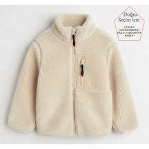Smalltouch Unisex Çocuk Yumuşak Dokulu Astarlı Fermuarlı Cepli Peluş Hırka Bej