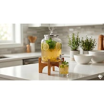 Geyik Figürlü Gümüş Lüks Cam İçecek Sebili - 3.6 Litre Bambu Standlı Meyve Suyu Kovası