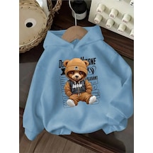 Kışlık Kapüşonlu Sweatshirt, Çocuk Ayıcık Baskılı Bebe Mavisi