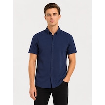 Classics Men Cafes Likralı Kısa Kol Slim Fit Erkek Gömlek - 7735 Lacivert