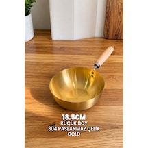 18.5cm Gold Tava Küçük - Japon Stil Gold Wok Tava - Tam Yuvarlak Tava - 304 Paslanmaz Çelik Profesyonel Ahşap Saplı