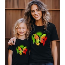 Aselinda Kelebek Baskılı Anne Kız T-shirt Tekli Üründür Kombin Yapmak Için 2 Adet Sepete Ekleyiniz Siyah