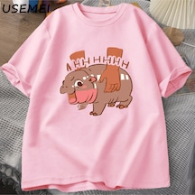 Flood Of Style Moo Deng Meme T Shirt Komik I Love Moo Deng Tee Hippo Sevgilisi T-shirt Pamuk Kısa Kol Pembe