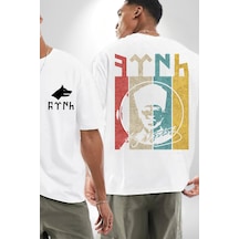 Atatürk İmzalı Türk Logo Beyaz Oversize Unisex Ön Ve Sırt Baskılı Tişört Beyaz