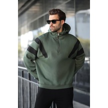 Madmext Haki Fermuarlı Yaka Kapüşonlu Erkek Sweatshirt E7161 Haki