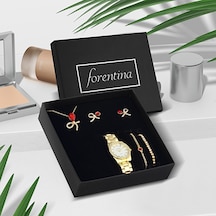 Forentina Kurdela Modeli Kırmızı Taşlı Takı Seti- Saat Hediye Set