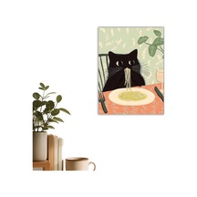 Makarna Yiyen Siyah Kedi İllüstrasyon Poster - Komik Mutfak Duvar Dekoru