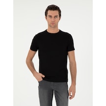 Siyah Slim Fit Çizgi Dokulu Bisiklet Yaka T-shirt