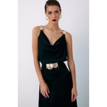 Sateen Omuz Aksesuarlı Salaş Bluz - Siyah-135055 Siyah