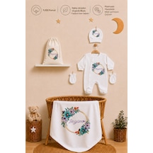 Pia Baby Kız Bebek Hastane Çıkışı İsme Özel Battaniye Tulum Seti %100 Pamuk Ham Bez Kıyafet Keseli Kız Bebek Hediyesi 1026btkyx Ekru