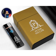 Bk Gift Kişiye Özel Sarı Sigara Tabakası ve Elektronik Dokunmatik Alevsiz Şarjlı Çakmak Seti 1