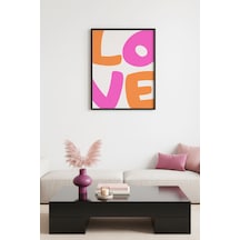 Doğal Ahşap Çerçeveli Pop Art Love Tablo - Pembe Turuncu Yazı Huhu2211