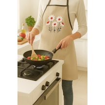 Papatya Desenli Nakışlı Keten Mutfak Önlüğü Yıkanabilir 1 Adet 50x70 Cm Standart Beden Bej