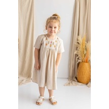 Oliventhekid Bej Keten Göğüs Üzerine Etnik Desen Baskılı Robadan Büzgülü Kısa Kız Çocuk Elbise Bej Bej