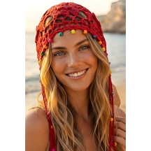 Tezzgelsin Kadın Bohem Boncuklu Örgü Bandana Bere Renkli Boncuklu Yazlık Şapka Kırmızı